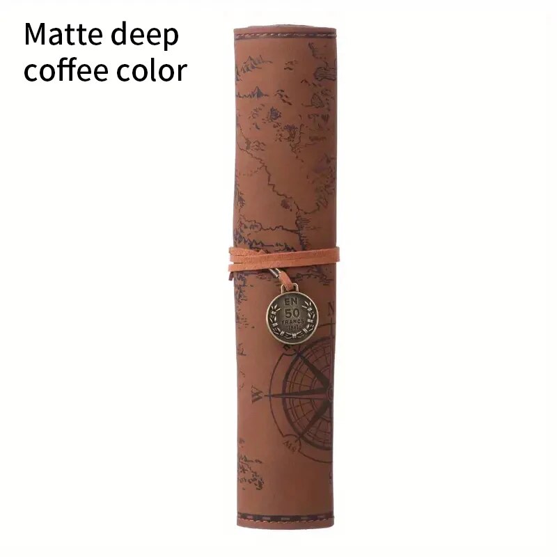 Leather Roll Up Pencil Case,Retro Treasure Map Design with Embossed Buckle,Spacious & Stylish Stationery Organizer
