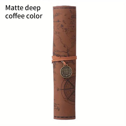 Leather Roll Up Pencil Case,Retro Treasure Map Design with Embossed Buckle,Spacious & Stylish Stationery Organizer