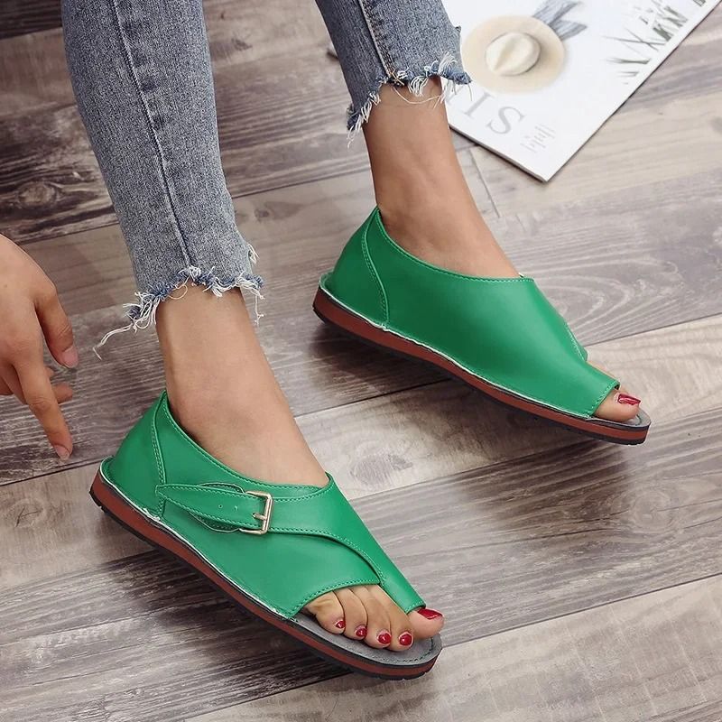 Women Summer PU Leather Peep Toe Buckle Roman Flat Sandals