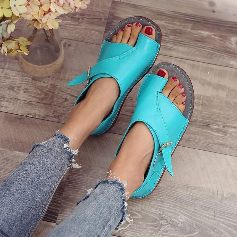Women Summer PU Leather Peep Toe Buckle Roman Flat Sandals 2