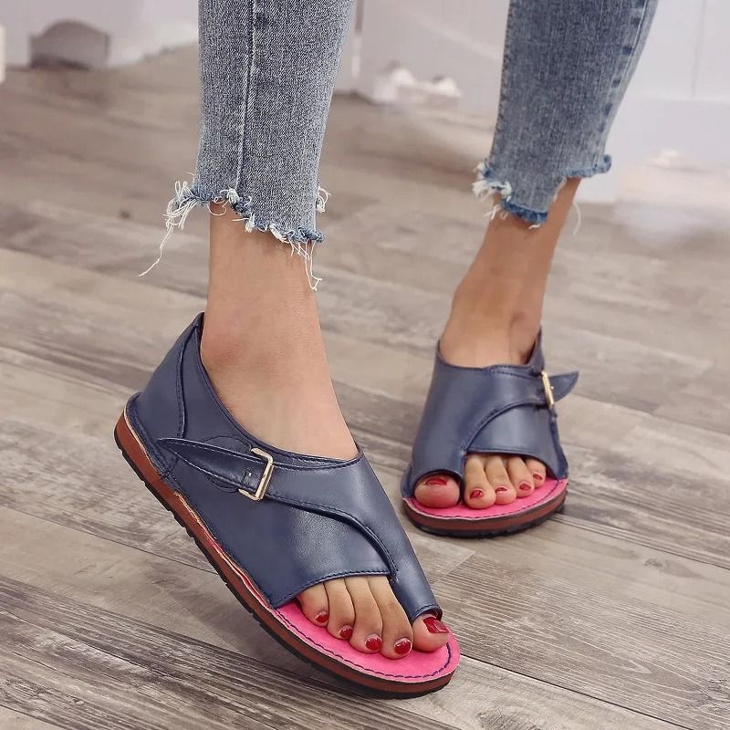 Women Summer PU Leather Peep Toe Buckle Roman Flat Sandals 3