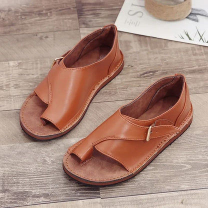 Women Summer PU Leather Peep Toe Buckle Roman Flat Sandals 4