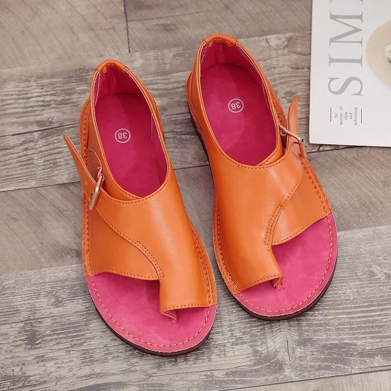 Women Summer PU Leather Peep Toe Buckle Roman Flat Sandals 5