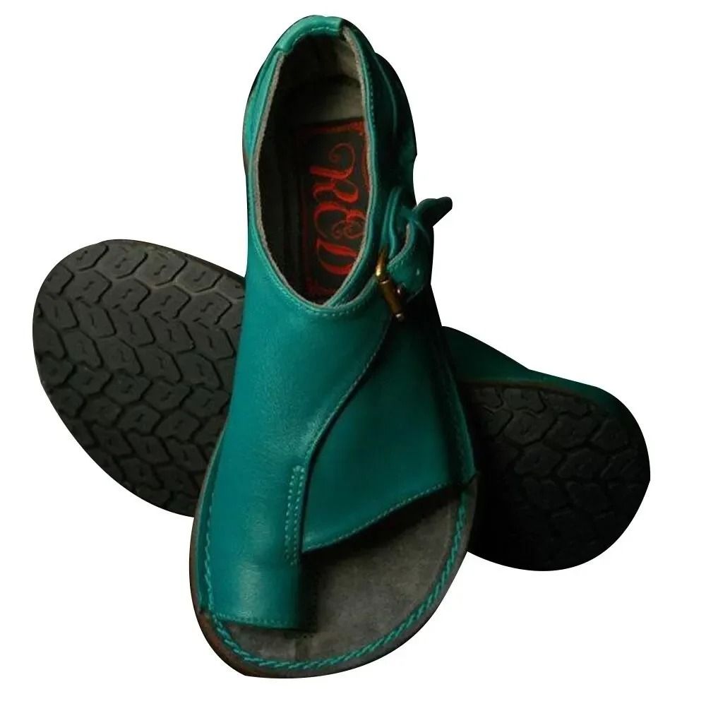 Women Summer PU Leather Peep Toe Buckle Roman Flat Sandals 6