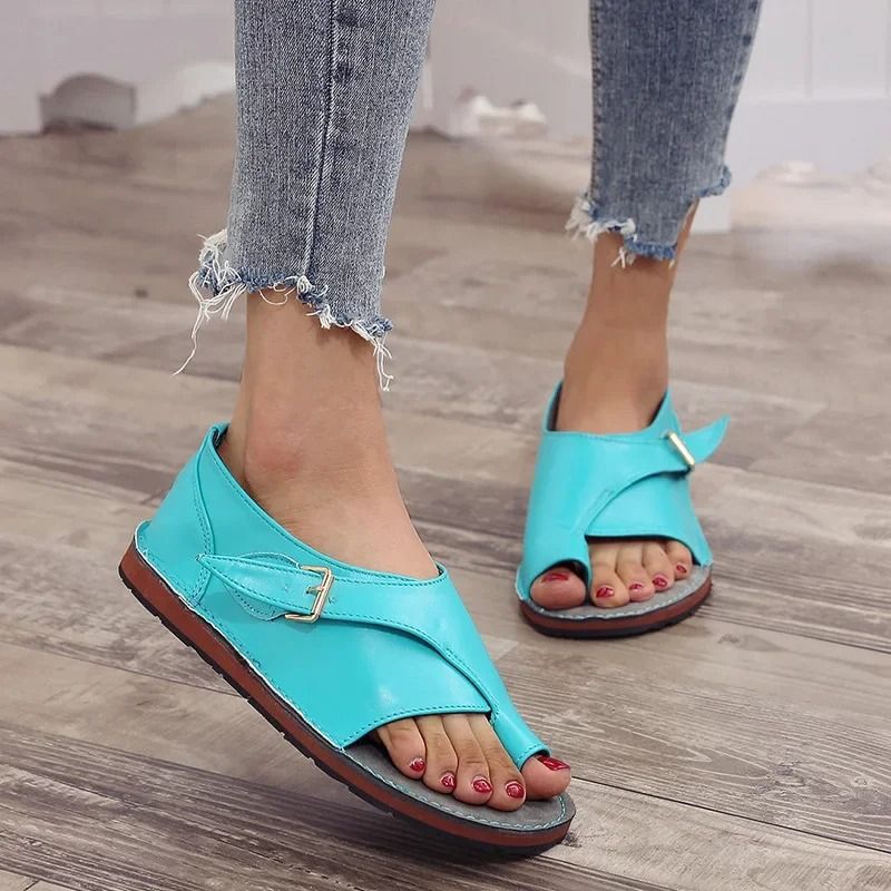Women Summer PU Leather Peep Toe Buckle Roman Flat Sandals 7