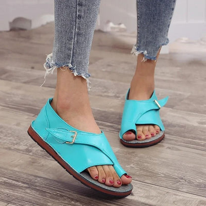 Women Summer PU Leather Peep Toe Buckle Roman Flat Sandals 7