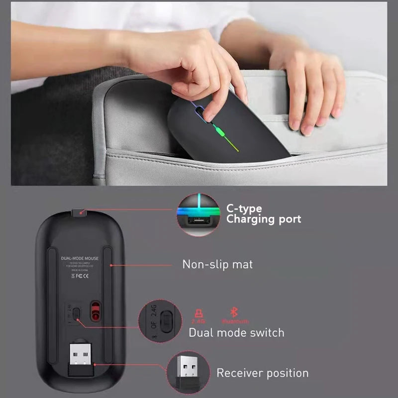 Rechargeable RGB Wireless Mouse Dual Mode Bluetooth & Ergonomic Silent Click for Laptop iPad Mac PC Phone TV