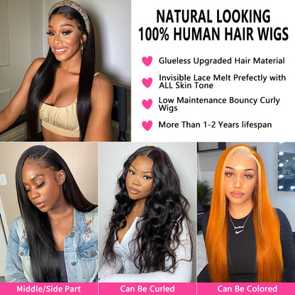 Brazilian Straight HD Lace Front Wig, Pre Plucked Human Hair Frontal Wigs for Women, Affordable High-Quality Natural