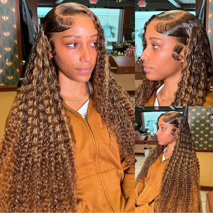 Honey Blonde Highlight Human Hair Wig, Deep Wave Lace Front HD Lace Frontal Curly Brazilian Wig for Women