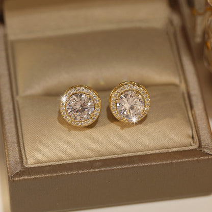 Luxury Crystal White Zircon Stud Earrings, Yellow Gold Vintage Round Crystal Studs, Luxury Wedding Jewelry for Women