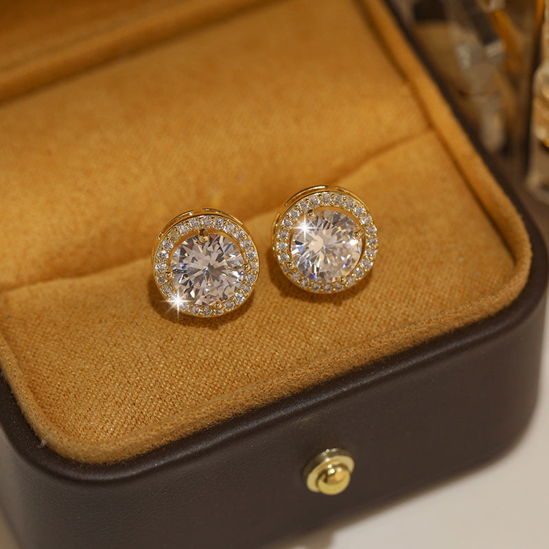 Luxury Crystal White Zircon Stud Earrings, Yellow Gold Vintage Round Crystal Studs, Luxury Wedding Jewelry for Women