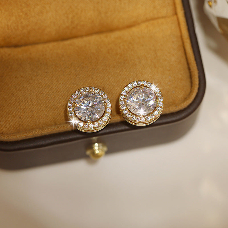 Luxury Crystal White Zircon Stud Earrings, Yellow Gold Vintage Round Crystal Studs, Luxury Wedding Jewelry for Women