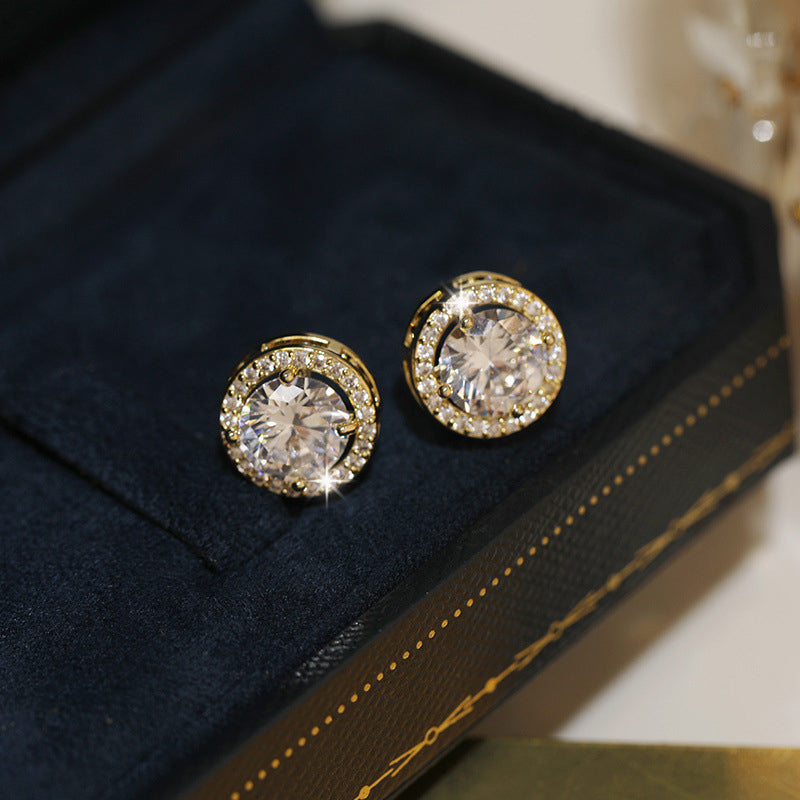 Luxury Crystal White Zircon Stud Earrings, Yellow Gold Vintage Round Crystal Studs, Luxury Wedding Jewelry for Women