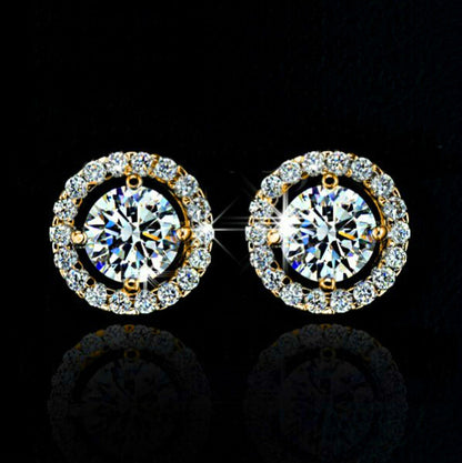 Luxury Crystal White Zircon Stud Earrings, Yellow Gold Vintage Round Crystal Studs, Luxury Wedding Jewelry for Women