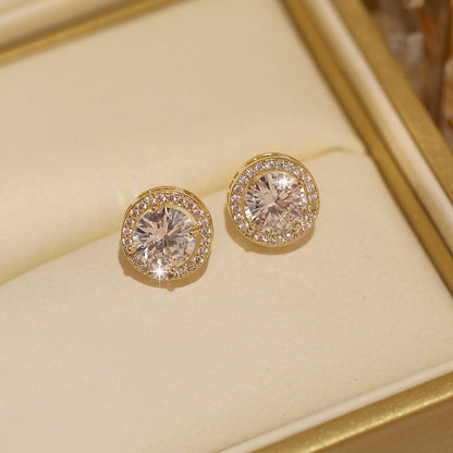 Luxury Crystal White Zircon Stud Earrings, Yellow Gold Vintage Round Crystal Studs, Luxury Wedding Jewelry for Women