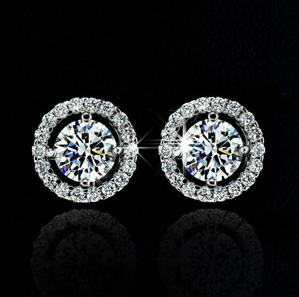 Luxury Crystal White Zircon Stud Earrings, Yellow Gold Vintage Round Crystal Studs, Luxury Wedding Jewelry for Women