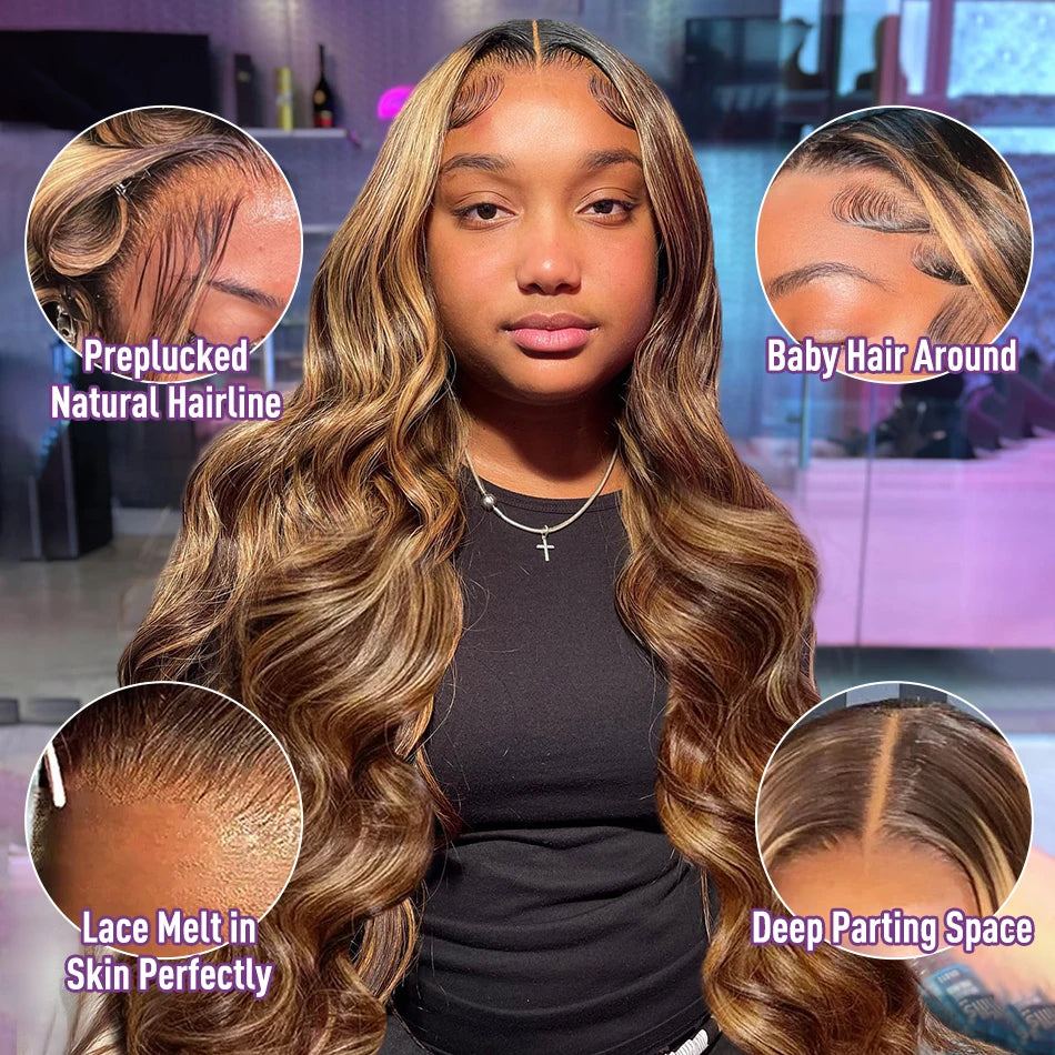 Colored Highlight Transparent Body Wave Lace Front Wig Blonde Brazilian Human Hair Wigs for Women Pre Plucked Glueless