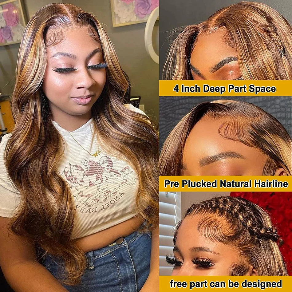 Colored Highlight Transparent Body Wave Lace Front Wig Blonde Brazilian Human Hair Wigs for Women Pre Plucked Glueless