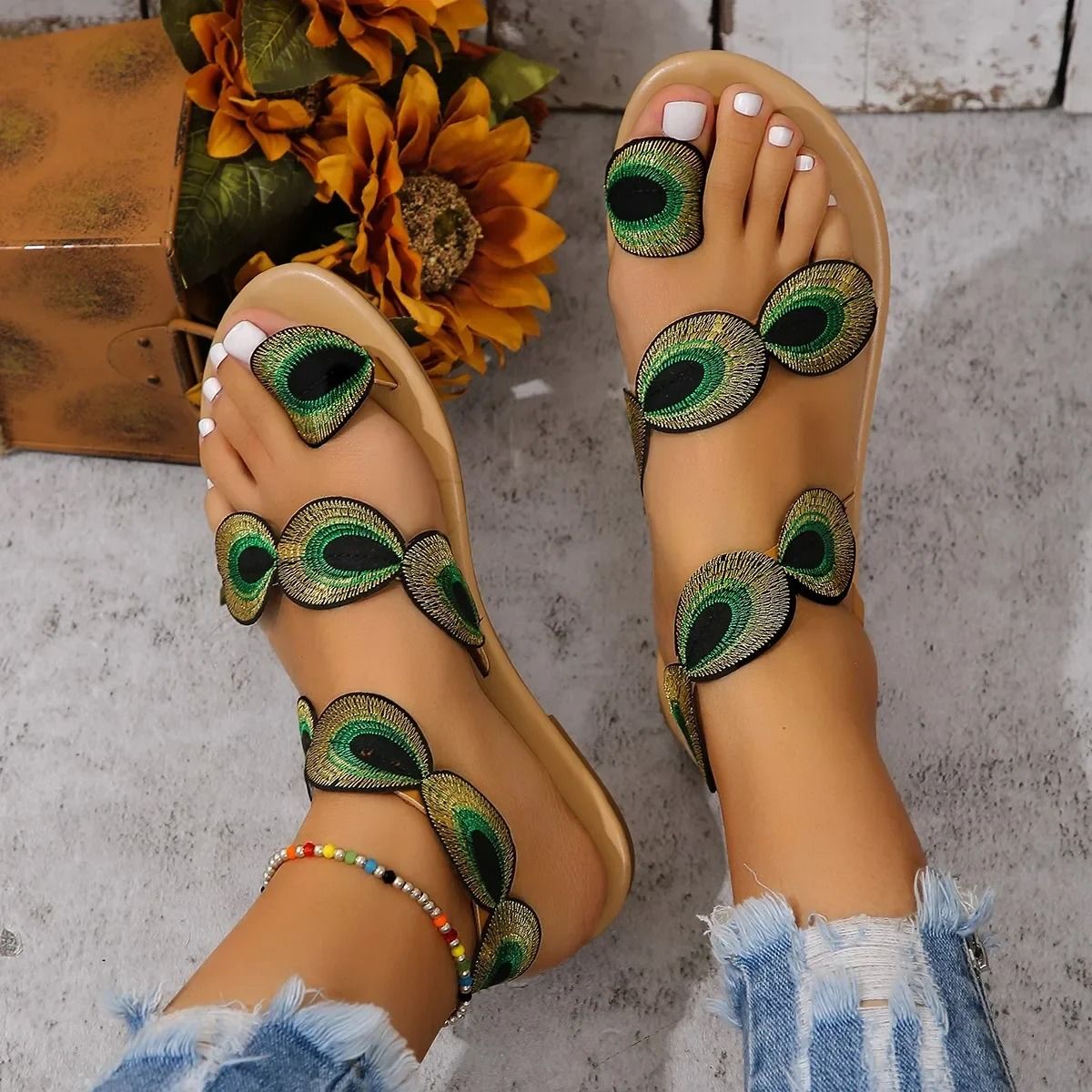Women Yellow Embroidered Summer Flat Sandals Plus Size Comfortable Casual Beach Travel Shoes 1