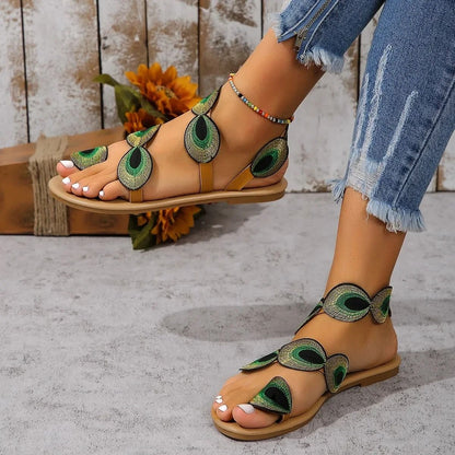 Women Yellow Embroidered Summer Flat Sandals Plus Size Comfortable Casual Beach Travel Shoes 2