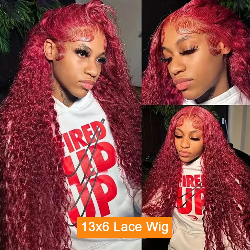 Red Burgundy 13x6 HD Lace Frontal Wig Human Hair, Deep Wave 13x4 Transparent Lace Front Curly Wig Pre-Plucked for Black