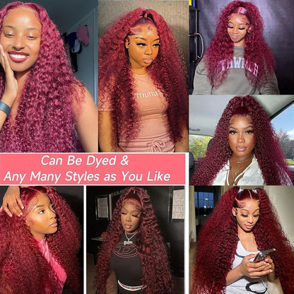 Red Burgundy 13x6 HD Lace Frontal Wig Human Hair, Deep Wave 13x4 Transparent Lace Front Curly Wig Pre-Plucked for Black