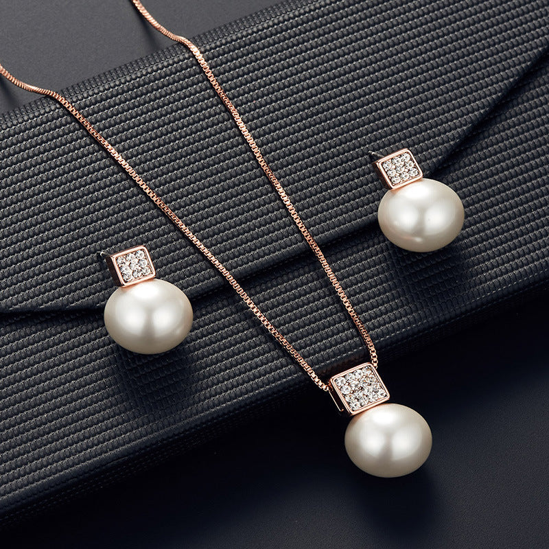 Elegant Imitation Pearl Pendant Women Necklace & Earring Stud Set, Snake Chain Square Metal Frame & Full Crystal Jewelry