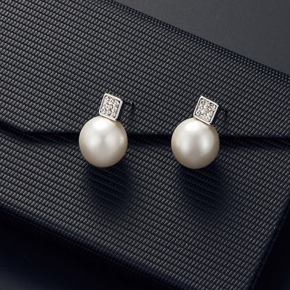Elegant Imitation Pearl Pendant Women Necklace & Earring Stud Set, Snake Chain Square Metal Frame & Full Crystal Jewelry