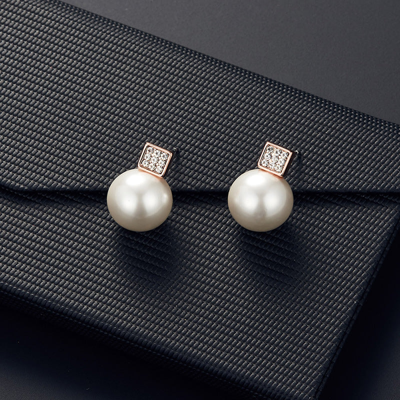 Elegant Imitation Pearl Pendant Women Necklace & Earring Stud Set, Snake Chain Square Metal Frame & Full Crystal Jewelry
