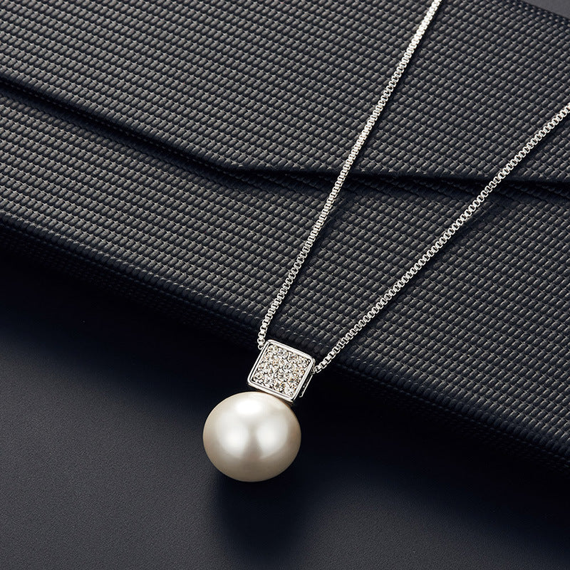 Elegant Imitation Pearl Pendant Women Necklace & Earring Stud Set, Snake Chain Square Metal Frame & Full Crystal Jewelry
