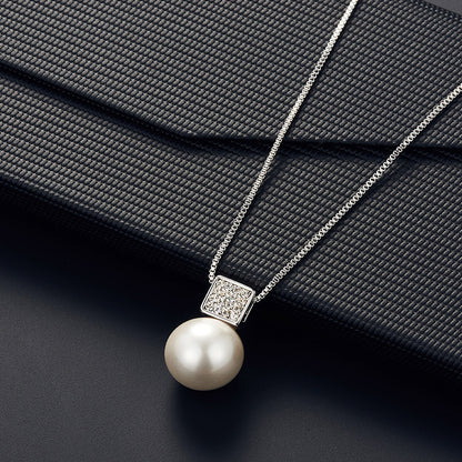 Elegant Imitation Pearl Pendant Women Necklace & Earring Stud Set, Snake Chain Square Metal Frame & Full Crystal Jewelry