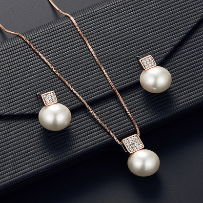 Elegant Imitation Pearl Pendant Women Necklace & Earring Stud Set, Snake Chain Square Metal Frame & Full Crystal Jewelry