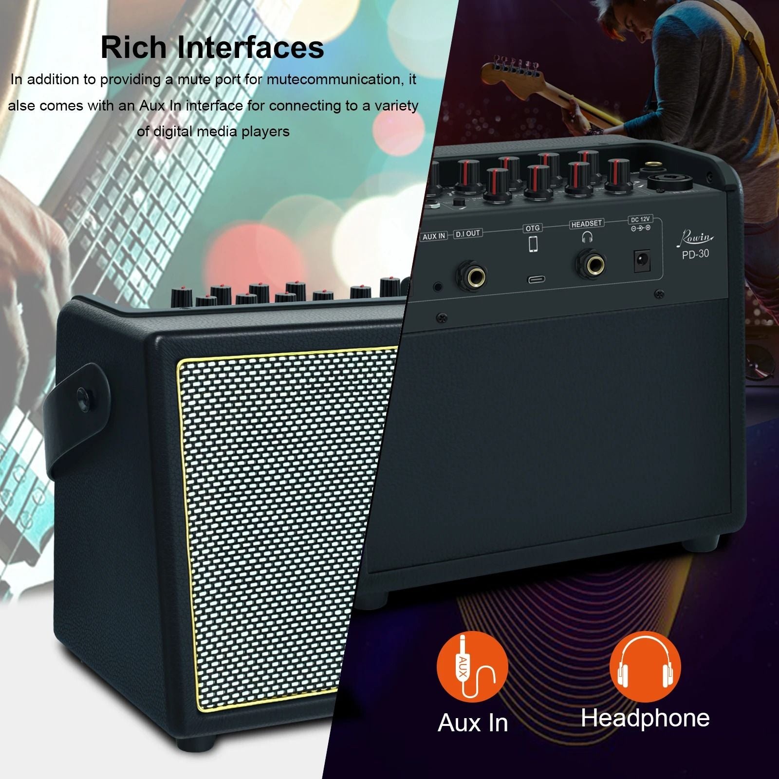 Rowin Rechargeable 30W Bluetooth Acoustic Guitar Amplifier With Reverb And Chorus Effects 1