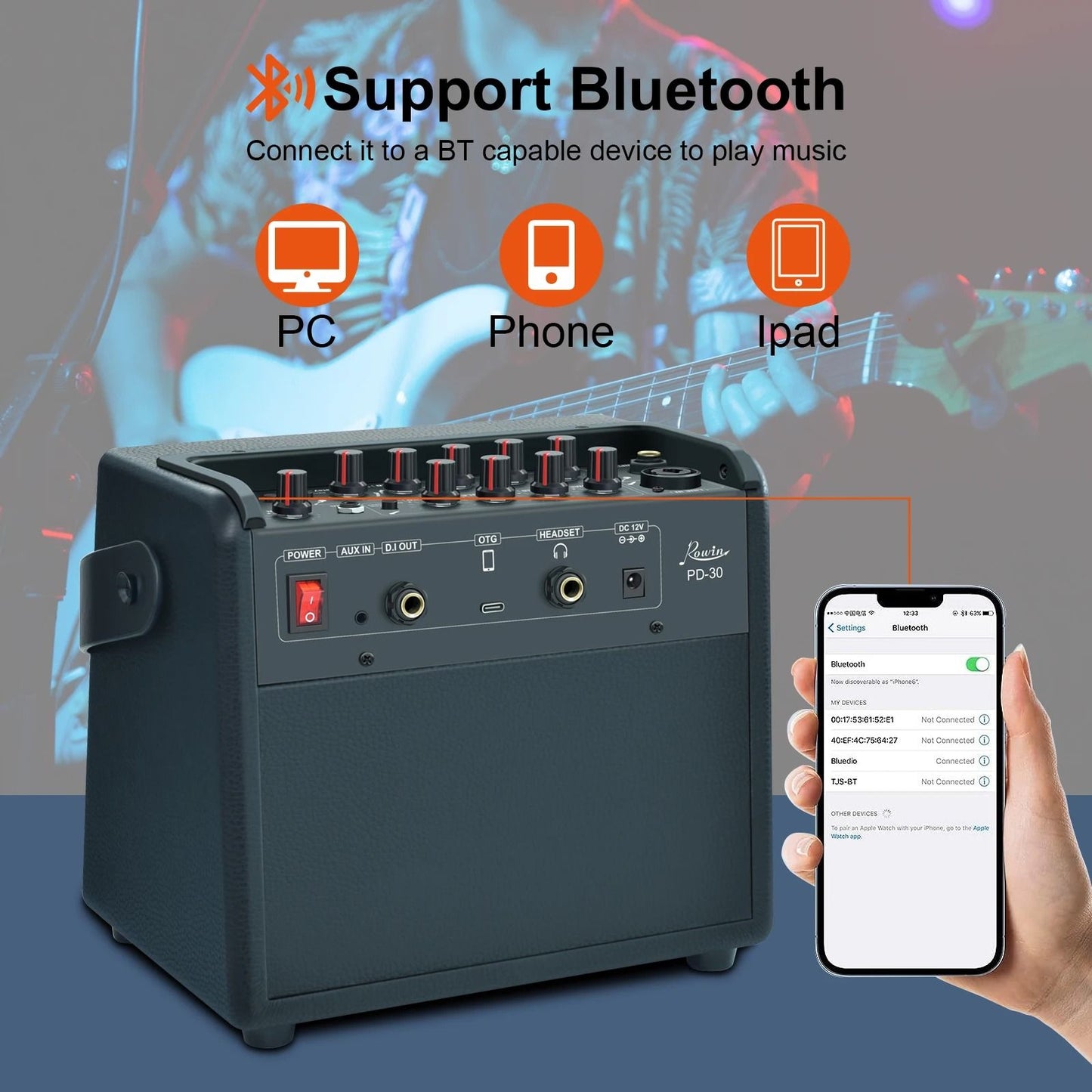 Rowin Rechargeable 30W Bluetooth Acoustic Guitar Amplifier With Reverb And Chorus Effects 3