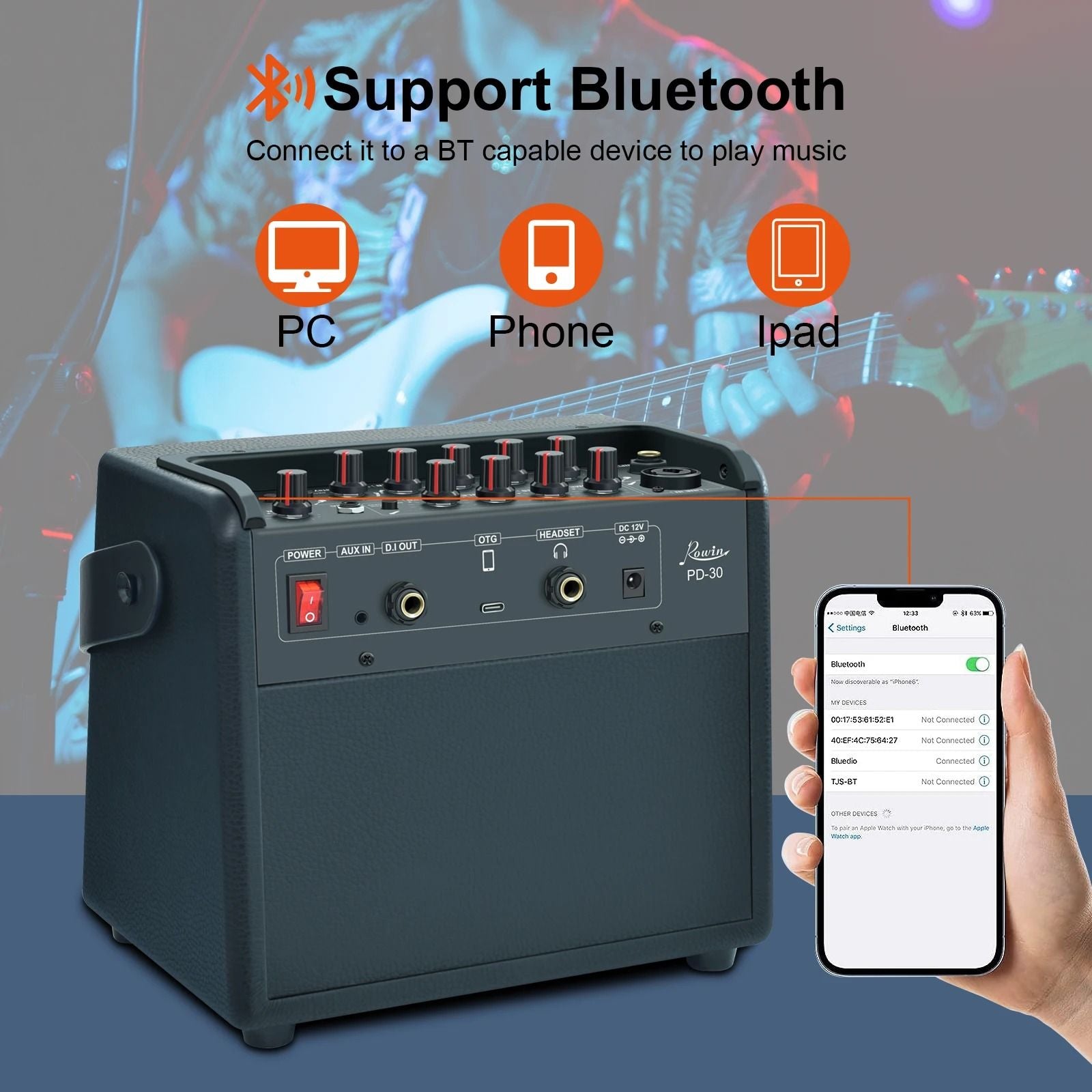 Rowin Rechargeable 30W Bluetooth Acoustic Guitar Amplifier With Reverb And Chorus Effects 3