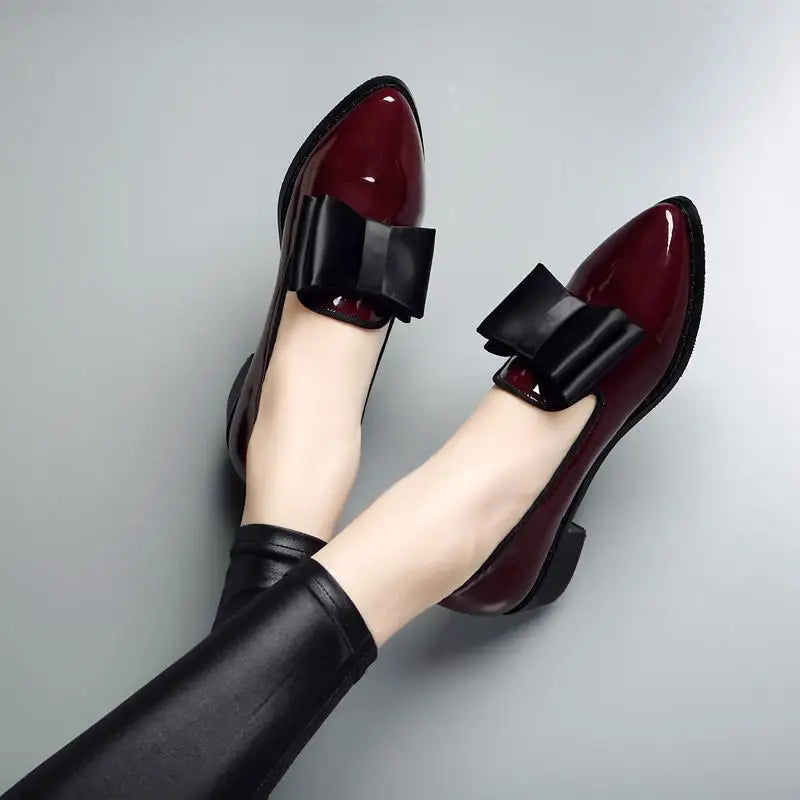 Womens Loafers Bow Decor Pointed Toe Flat Shoes For Women Patent Leather Shallow Mouth Commuter Dai 1