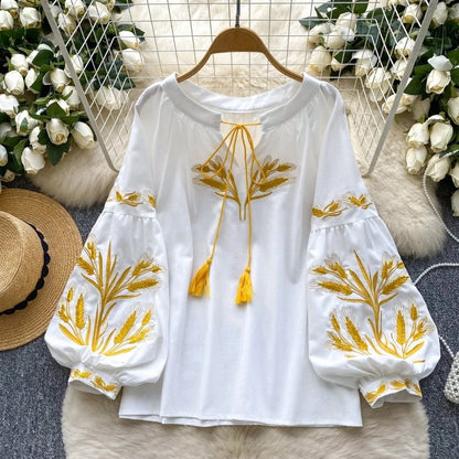 Women Vintage Ethnic Style Embroidered Blouse With Lace Up Neck And Lantern Sleeves 6