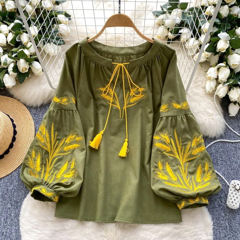 Women Vintage Ethnic Style Embroidered Blouse With Lace Up Neck And Lantern Sleeves 7