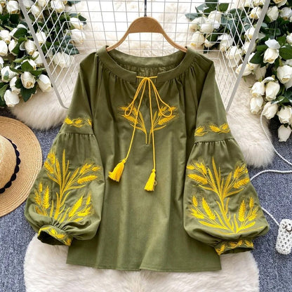 Women Vintage Ethnic Style Embroidered Blouse With Lace Up Neck And Lantern Sleeves 7
