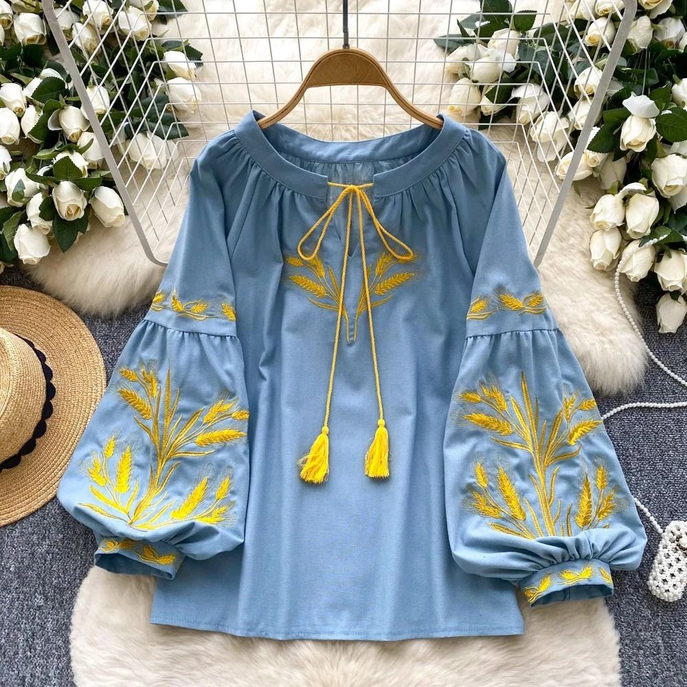 Women Vintage Ethnic Style Embroidered Blouse With Lace Up Neck And Lantern Sleeves 8