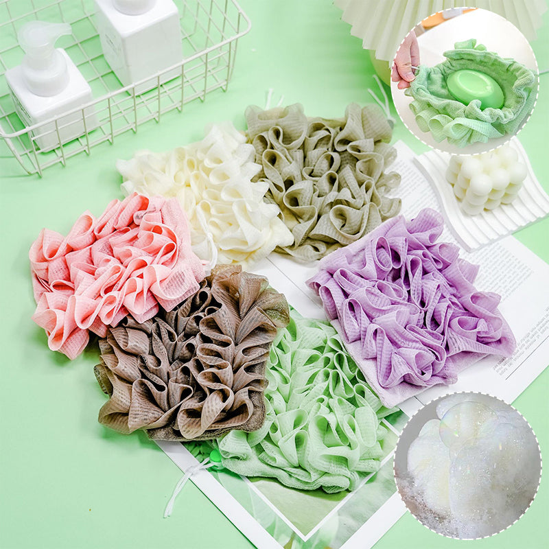 2-in-1 Bath Ball Towel Loofah with Drawstring Closure for Soap Soft Exfoliating Mesh Shower Sponge for Skin Care