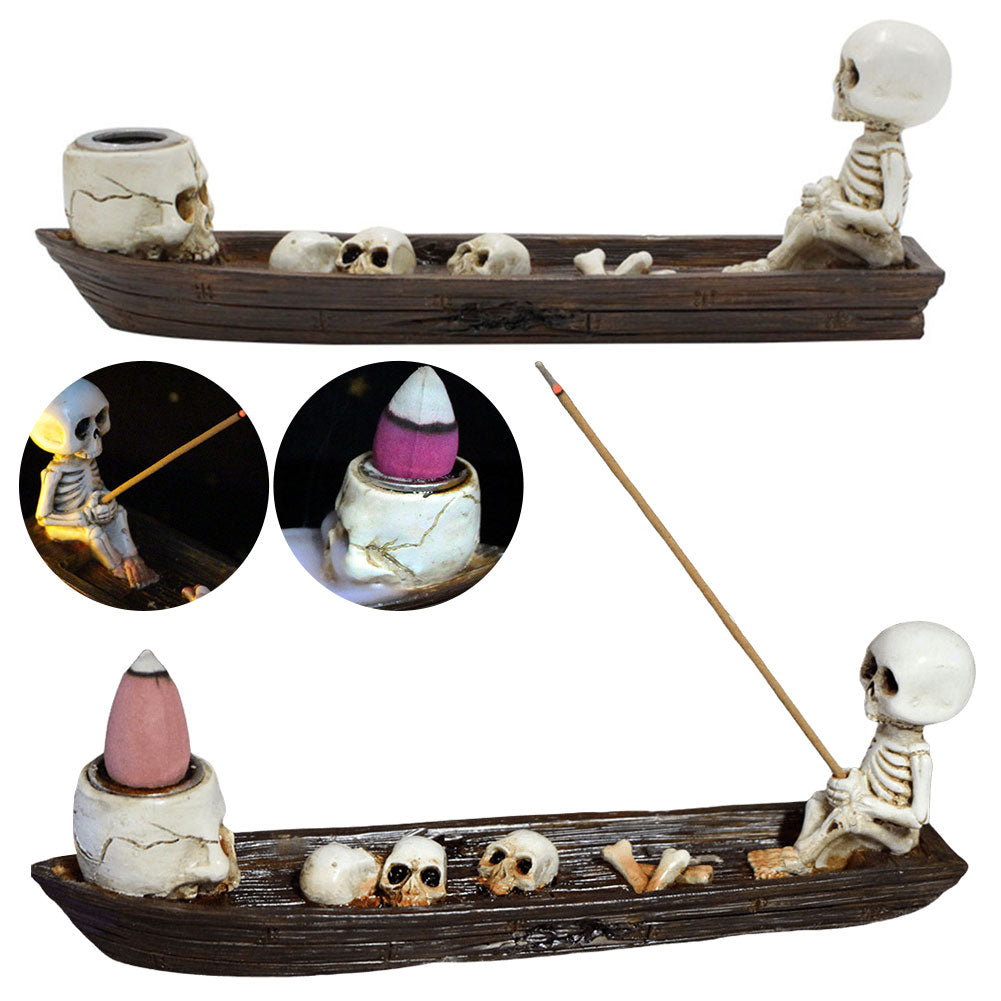 Skull Boat Incense Holder – Gothic Ghost Fishing Boat Incense Burner, Creative Skeleton Statue Incense Stand for Study