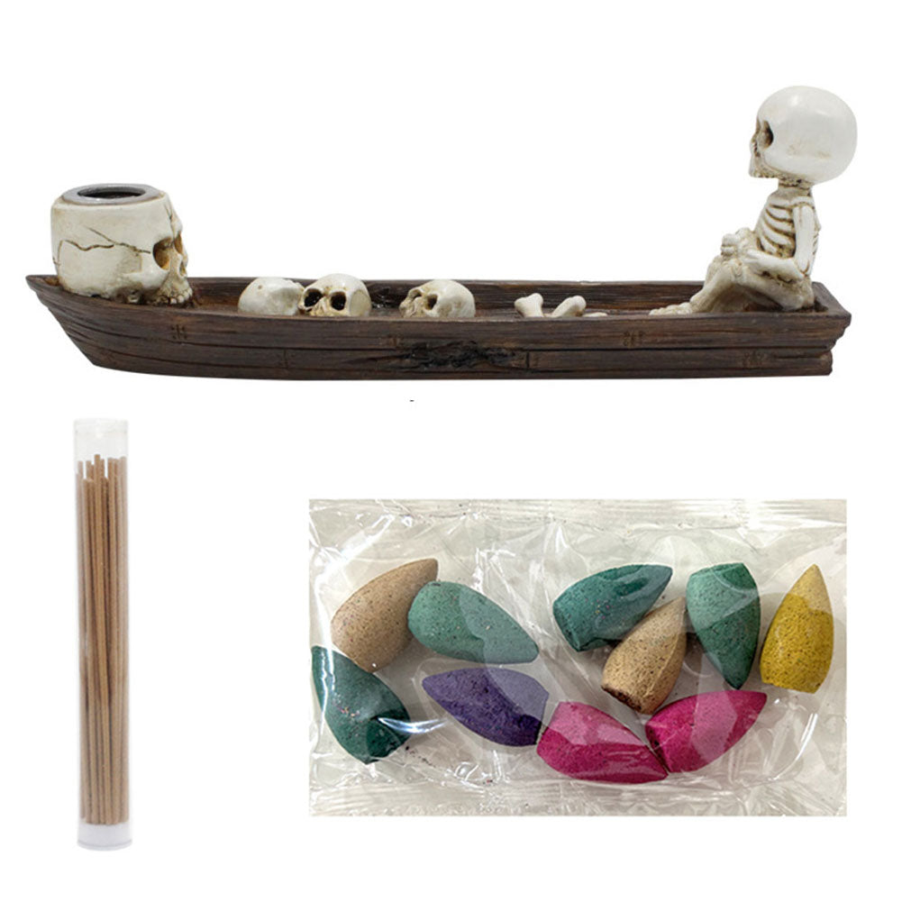 Skull Boat Incense Holder – Gothic Ghost Fishing Boat Incense Burner, Creative Skeleton Statue Incense Stand for Study