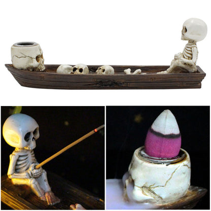 Skull Boat Incense Holder – Gothic Ghost Fishing Boat Incense Burner, Creative Skeleton Statue Incense Stand for Study