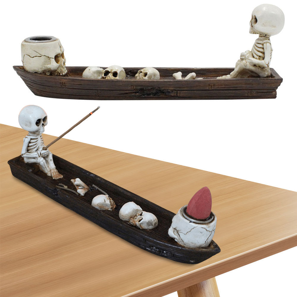 Skull Boat Incense Holder – Gothic Ghost Fishing Boat Incense Burner, Creative Skeleton Statue Incense Stand for Study