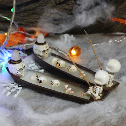 Skull Boat Incense Holder – Gothic Ghost Fishing Boat Incense Burner, Creative Skeleton Statue Incense Stand for Study