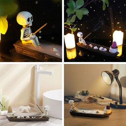 Skull Boat Incense Holder – Gothic Ghost Fishing Boat Incense Burner, Creative Skeleton Statue Incense Stand for Study
