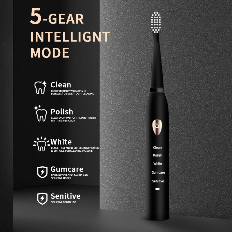 Classic Acoustic Electric Toothbrush for Adults, 5-Gear Mode, USB Charging & IPX7 Waterproof, Ultra-Sonic Deep Cleaning
