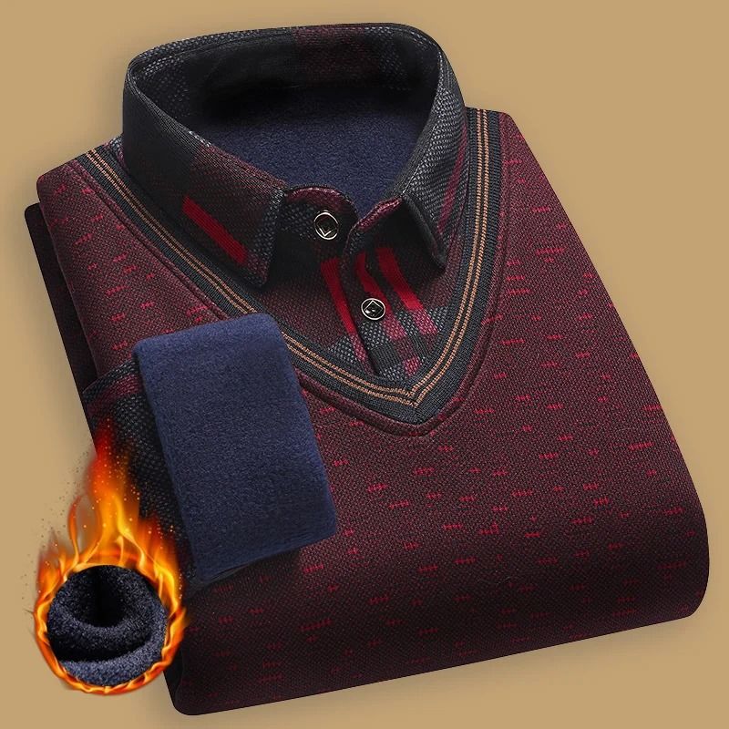 Mens Fleece Lined Knitted Pullover Sweater with Polo Collar for Autumn and Winter Wear