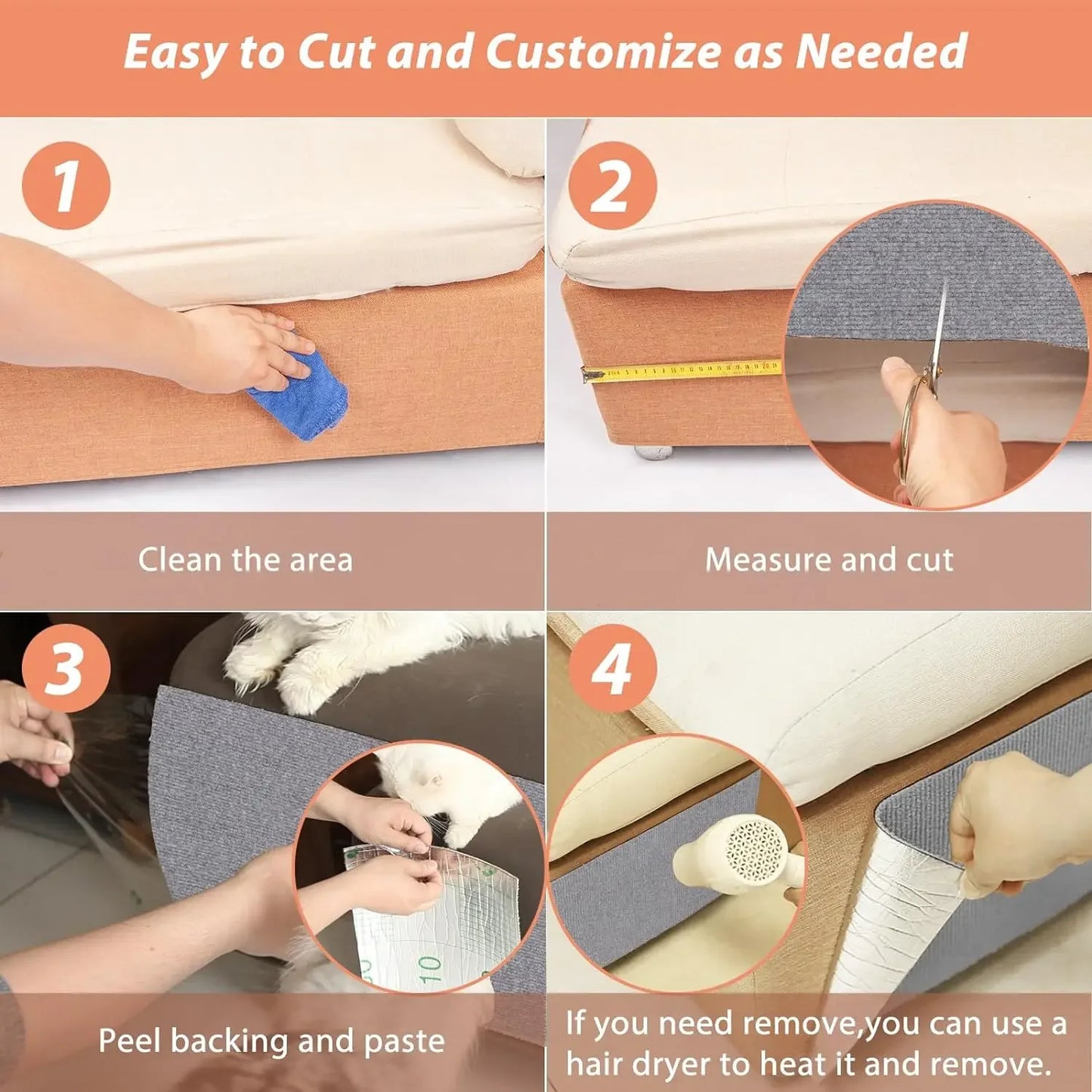 Self-Adhesive Cat Scratching Mat Trimmable Carpet, Furniture Protector Pad for Sofa, Couch, Wall, Anti-Scratch Cat Post